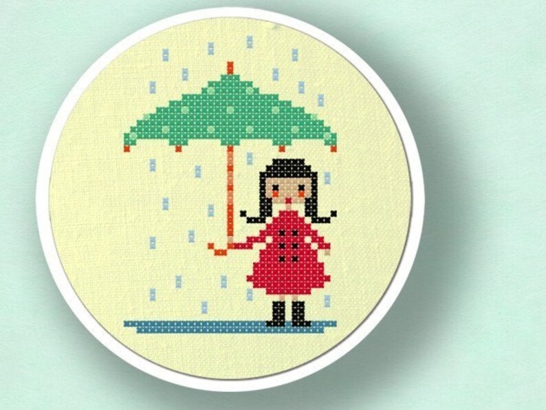 Cute Umbrella Girl. Modern Simple Cute Counted Cross Stitch PDF Pattern. Instant Download image 2