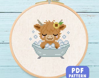 Highland Cow Bath Time Cross Stitch Pattern: Farmhouse Bathroom Decor (PDF Download)