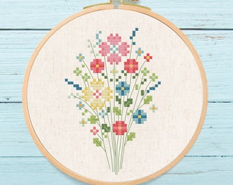 Wildflowers Cross Stitch Pattern. Colorful Flowers Modern Simple Cute Counted Cross Stitch Pattern PDF Instant Download