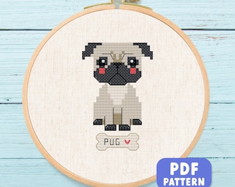 Cute Pug Cross Stitch Pattern, Pet Dog Cross Stitch, Modern Simple Cute Counted Cross Stitch Pattern PDF Instant Download