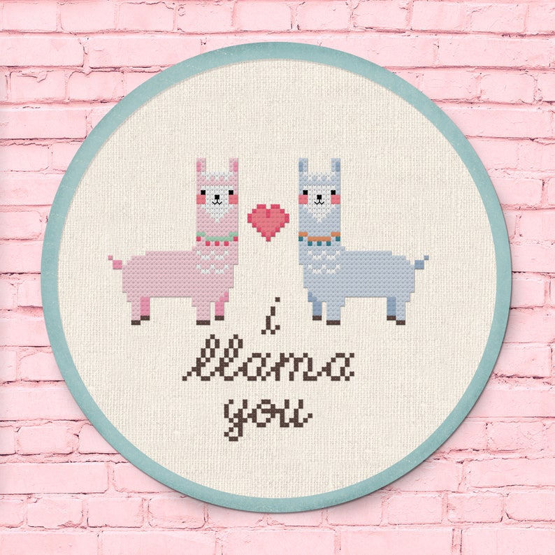 Llama Couple Cross Stitch Pattern, I llama you Valentines Gift Modern Simple Cute Llama Counted Cross Stitch PDF Pattern. Instant Download image 2