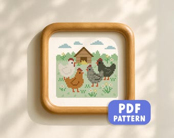 Chickens on the Field Cross Stitch Pattern PDF Whimsical Farm Cottagecore Chickens Beginner Friendly Cross Stitch Instant Download