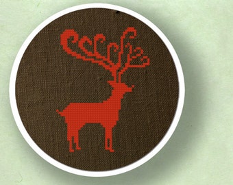 Scroll Antler Reindeer Silhouette Cross Stitch, Christmas Holiday Modern Simple Cute Counted Cross Stitch PDF Pattern Instant Download