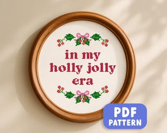 Holly Jolly Era Cross Stitch Pattern: Pink Bow Holly Berries Christmas Embroidery DIY Christmas Gift (PDF Download)