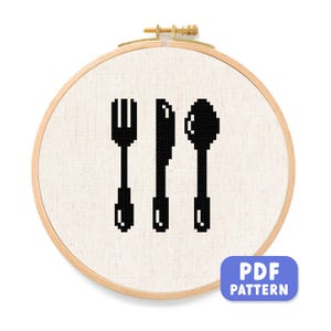 Patrón de punto de cruz de utensilios (PDF). Tenedor, cuchillo y cuchara: decoración de cocina moderna y sencilla. Patrón de punto de cruz (PDF). Descarga instantánea.