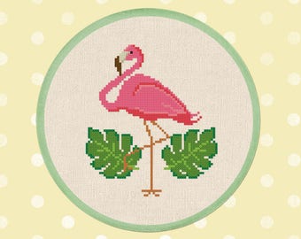 Pink Flamingo Cross Stitch Pattern. Cute Simple Modern Tropical Leaves Flamingo Bird PDF Counted Cross Stitch Pattern Instant Download