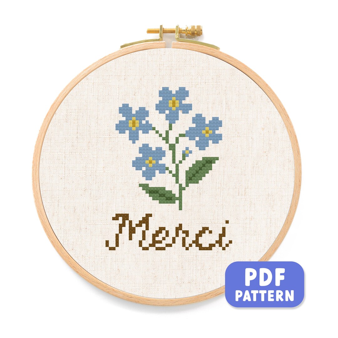 Merci Pattern Forget Me Nots Cross Stitch Pattern: Merci French Blue Floral ...