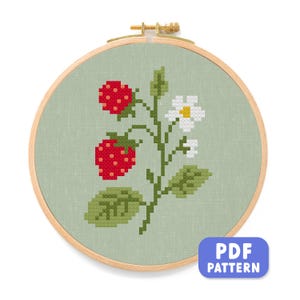 Strawberry Branch Cross Stitch Pattern: Cottagecore Fruit Embroidery (PDF Download)