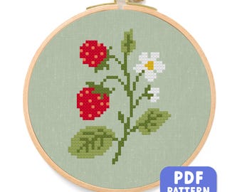 Strawberry Branch Cross Stitch Pattern: Cottagecore Fruit Embroidery (PDF Download)