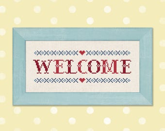 Welcome Cross Stitch Pattern. Red and Blue Text Simple Cute Homey Counted Cross Stitch Pattern PDF File. Instant Download