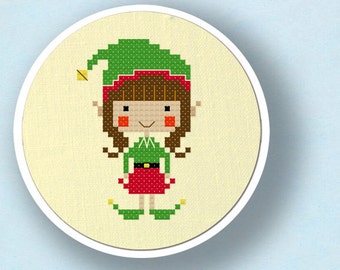 Happy Christmas Elf Girl Cross Stitch Pattern. Holiday Modern Simple Cute Counted Cross Stitch Pattern PDF File. Instant Download