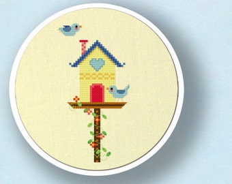 Sweet Bird House Cross Stitch Pattern. Modern Simple Cute Counted Cross Stitch Pattern. PDF File. Instant Download