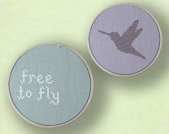 Free to Fly Hummingbird Silhouette. Set of Two Modern Simple Cute Counted Cross Stitch PDF Patterns. Instant Download