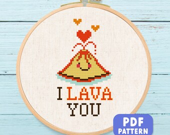 I Lava You Cross Stitch Pattern, Cute Erupting Heart Volcano Pun Modern Simple Cute Counted Cross Stitch PDF Pattern Instant Download