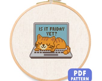 Patrón de punto de cruz de gato dormilón: Bordado divertido con humor de oficina (Descarga en PDF)