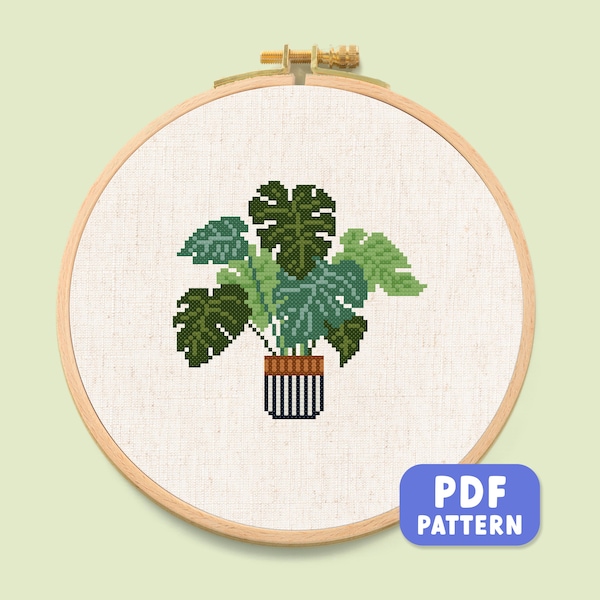 Monstera Cross Stitch Pattern: Swiss Cheese Plant Embroidery (PDF Download)