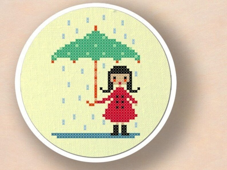 Cute Umbrella Girl. Modern Simple Cute Counted Cross Stitch PDF Pattern. Instant Download image 3