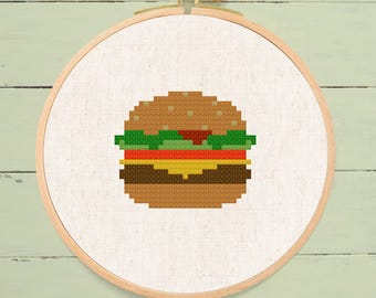ミニハンバーガーのクロスステッチパターン：フード刺繍初心者向け