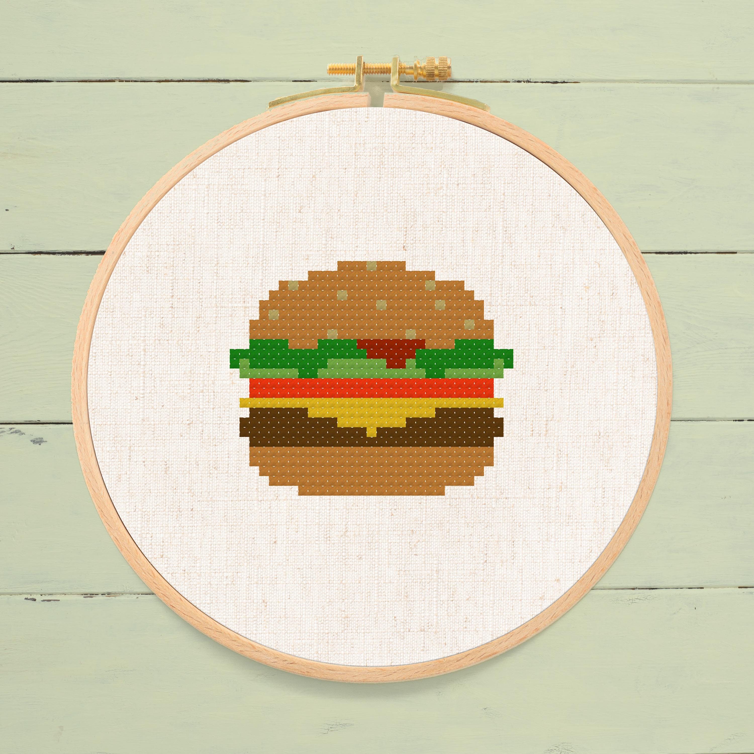ミニハンバーガーのクロスステッチパターン：フード刺繍初心者向け