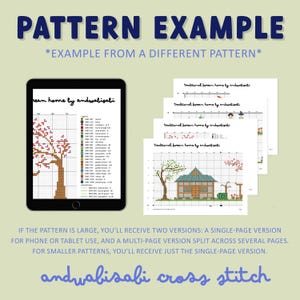 May include: An example of a cross-stitch pattern, with the text "PATTERN EXAMPLE" at the top. The image shows a tablet displaying a tree design and several printed pattern sheets. The text "andwabisabi cross stitch" is at the bottom.