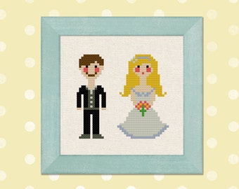 Bride and Groom Cross Stitch Pattern. Happy Couple Marriage Modern Simple Cute Counted Cross Stitch Pattern PDF File. Instant Download