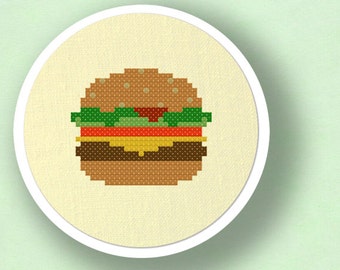Hamburger Cross Stitch Pattern. Food Cross Stitch, Modern Simple Cute Cross Stitch Pattern PDF File. Instant Download