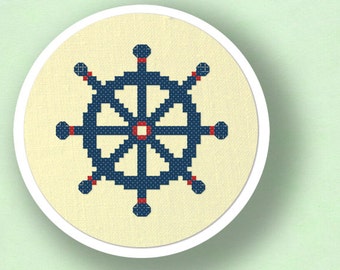 Blue Ship's Wheel Cross Stitch Pattern, Nautical Cross Stitch Pattern, Modern Simple Cute Counted Cross Stitch PDF Pattern Instant Download