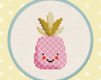 Pink Pineapple Cross Stitch Pattern Happy Fruit PDF Modern Cute Simple Tropical Counted Cross Stitch Pattern Instant Download