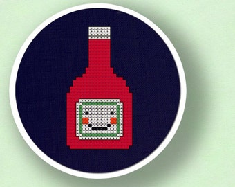 Ketchup. Condiments Modern Simple Cute  Counted Cross Stitch Pattern PDF File. Instant Download