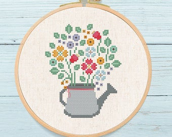 Blooming Watering Can Cross Stitch Pattern, Flowers Gardening Can Modern Simple Cute Cross Stitch Pattern PDF File. Instant Download