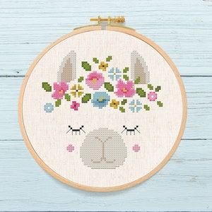 Sweet Llama Head Flower Wreath Cross Stitch Pattern, Modern Simple Cute Pretty Llama Flowery Cross Stitch PDF Pattern. Instant Download