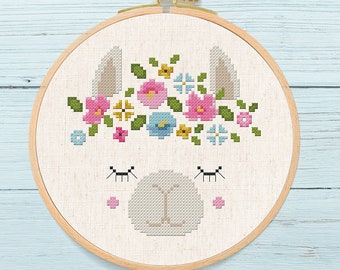 Sweet Llama Head Flower Wreath Cross Stitch Pattern, Modern Simple Cute Pretty Llama Flowery Cross Stitch PDF Pattern. Instant Download