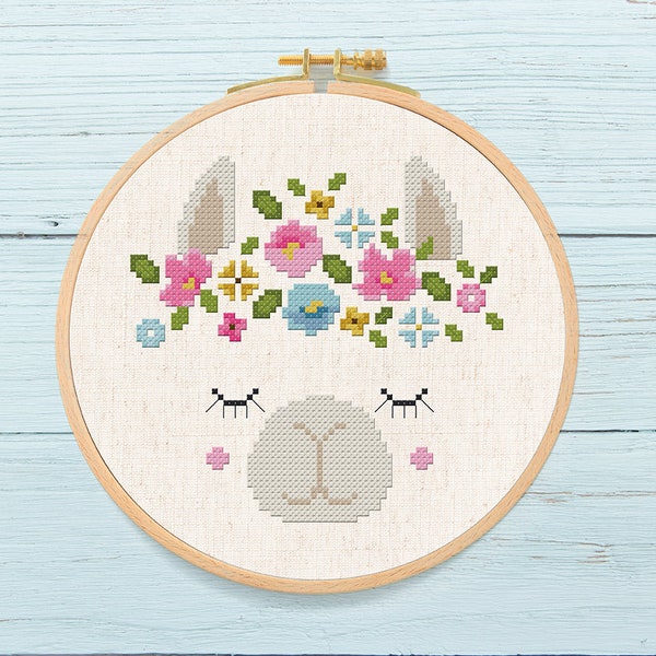 Sweet Llama Head Flower Wreath Cross Stitch Pattern, Modern Simple Cute Pretty Llama Flowery Cross Stitch PDF Pattern. Instant Download