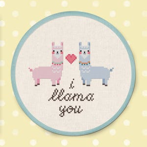 Llama Couple Cross Stitch Pattern, I llama you Valentines Gift Modern Simple Cute Llama Counted Cross Stitch PDF Pattern. Instant Download image 1