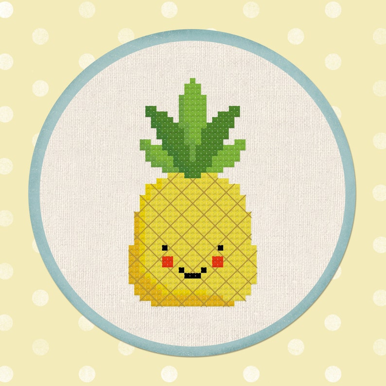 Pineapple Cross Stitch Pattern Happy Fruit PDF Modern Cute Simple Tropical Counted Cross Stitch Pattern Instant Download image 1