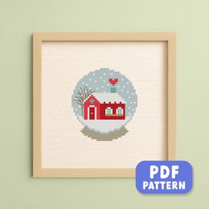 Snow Globe Stitch Pattern, Snow topped Red House, Winter, Modern Embroidery, Counted Cross Stitch PDF Pattern, Instant Digital Download