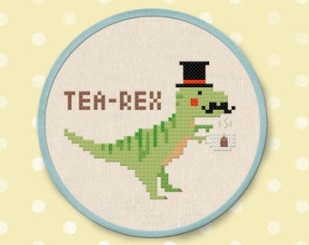 Tea Rex Cross Stitch Pattern, Modern Simple Cute Trex Dinosaur Counted Cross Stitch Pattern PDF Instant Download