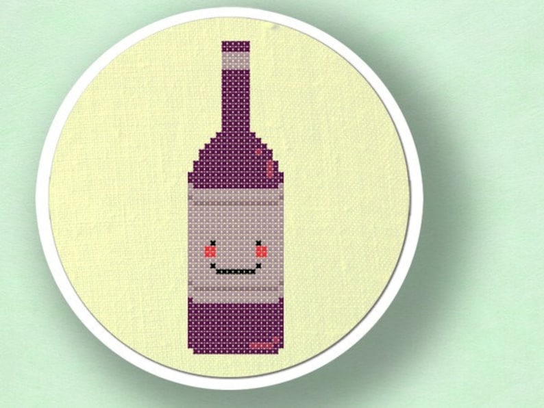 Happy Wine Bottle Cross Stitch Pattern. Modern Simple Cute Counted Cross Stitch Pattern. PDF File. Instant Download image 1