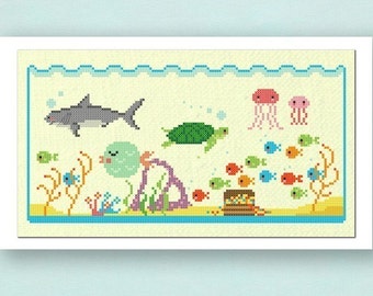 Under the Sea Cross Stitch Pattern. Large Ocean Modern Simple Cute Ocean Life Counted Cross Stitch PDF Pattern Instant Download