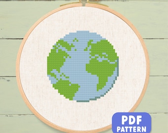 Planet Earth Cross Stitch Pattern: Modern Globe Embroidery (PDF Download)