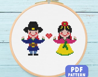 Hanbok Couple Cross Stitch Pattern: Korean Traditional Dress Costume (PDF Download)