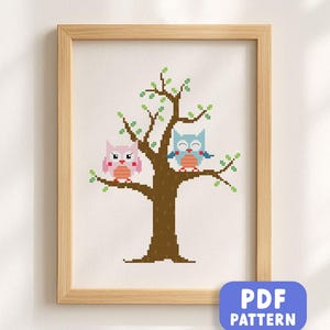 Owl Cross Stitch Pattern PDF. Cute Pink & Blue Owl, Cozy Decor, Whimsical Owl Couple Cross Stitch Pattern, Woodland Animal, Instant Download