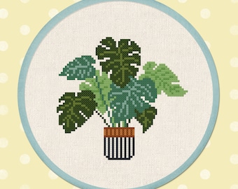 Swiss Cheese Plant Cross Stitch Pattern, Monstera deliciosa House Plant Modern Simple Cute Cross Stitch Pattern PDF File. Instant Download