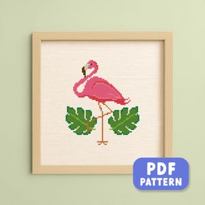 Pink Flamingo Cross Stitch Pattern, Cute, Modern Embroidery, Tropical Leaves, PDF Counted Cross Stitch Pattern Instant Download