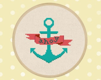 Ahoy Banner Cross Stitch Pattern, Anchor Cross Stitch Pattern Nautical Modern Simple Cute Counted Cross Stitch PDF Pattern. Instant Download