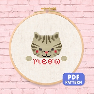 Meow Grey Kitten Cross Stitch Pattern, Cute Cat Modern Embroidery, Simple and Cute Animal Cross Stitch Pattern PDF. Instant Download