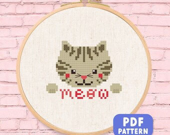 Miau graues Kätzchen Kreuzstichmuster, süße Katze Moderne Stickerei, einfaches und niedliches Tierkreuzstichmuster PDF. Sofort Download