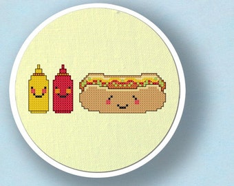 Happy Hot Dog and Condiments. Cross Stitch PDF Pattern