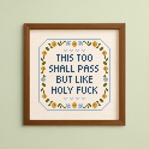 May include: Cross-stitch artwork in a brown wooden frame. The piece features the text "THIS TOO SHALL PASS BUT LIKE HOLY FUCK" in blue thread. The design is surrounded by a floral border with yellow and blue accents.