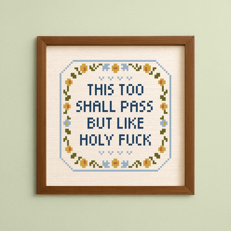 May include: Cross-stitch artwork in a brown wooden frame. The piece features the text "THIS TOO SHALL PASS BUT LIKE HOLY FUCK" in blue thread. The design is surrounded by a floral border with yellow and blue accents.
